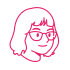 A cartoon woman with glasses smiles.