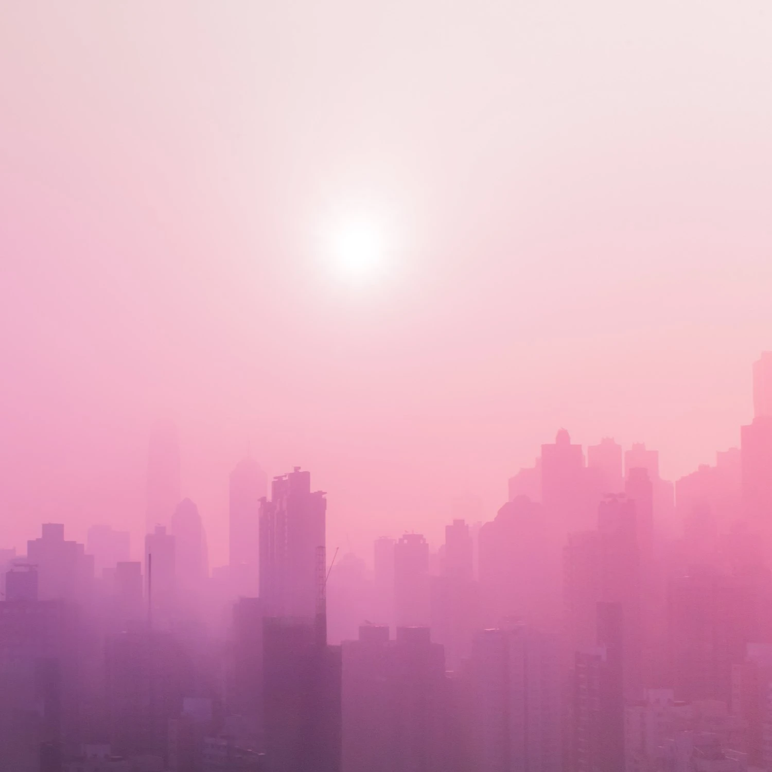 A Chicago-like city with a pink and purple tint.